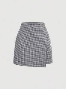 SHEIN MOD Plus Size Autumn Casual Houndstooth Button Decor Wrap Skirt - Navy Blue - View 2