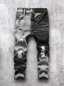 SHEIN Bolty Young Boy 复古都市街头做旧破洞渐变水洗黑色牛仔裤，秋冬休闲百搭日常穿搭及街头服饰，圣诞节、新年、感恩节、毕业季等场合皆宜，尽显时尚风采。 - 黑色 - 查看 5