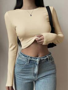 SHEIN BASICS 两件装纯色针织圆领长袖修身短款T恤，女士款，升级保暖面料，带保暖内衬但不臃肿，基础款弹力百搭秋冬女装上衣 - 彩色 - 查看 3