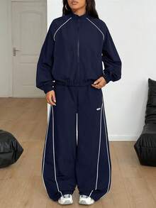 Coolane Women's Winter Clothes Streetwear Casual Athleisure Going Out Reflective Lapel Coat And Parachute Pants Pants Navy Blue ,2pcs,Fall,Fall Clothes For Women - Navy Blue - View 6