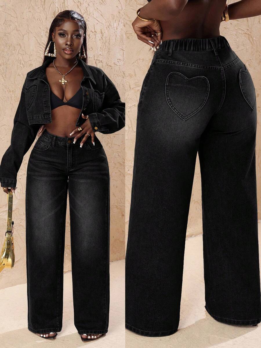 Slaydiva Plus Size Women Denim Wide Leg Pants With Heart Pockets - Dark Grey - View 1