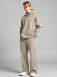 Vacaura Bộ 2 áo hoodie chui đầu tối giản dành cho bé trai tuổi teen kèm quần len ống rộng, thiết kế chắp vá, chất liệu vải thoải mái, màu sắc đa dạng, phù hợp mặc đi học và thường ngày, mùa thu/đông - Màu be - Xem 1