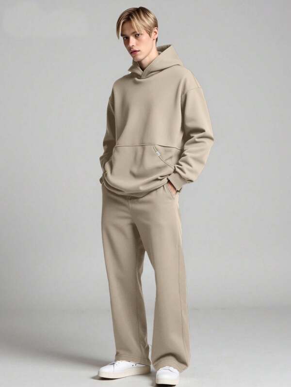 Vacaura 两件套青少年男童简约套头连帽卫衣搭配直筒宽松针织裤，拼接设计，面料舒适，颜色百搭，适合上学和休闲穿着，秋冬季款