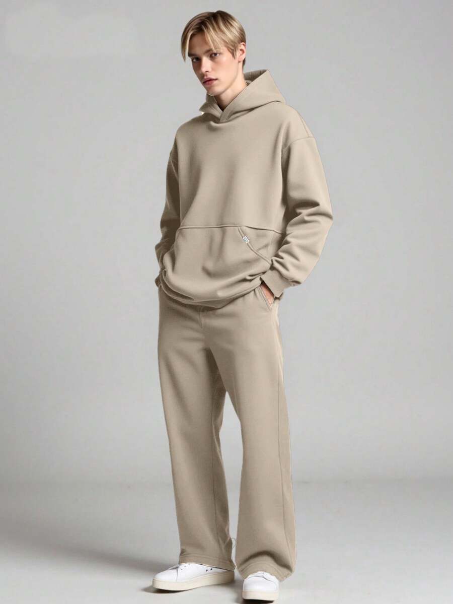 Vacaura Bộ 2 áo hoodie chui đầu tối giản dành cho bé trai tuổi teen kèm quần len ống rộng, thiết kế chắp vá, chất liệu vải thoải mái, màu sắc đa dạng, phù hợp mặc đi học và thường ngày, mùa thu/đông - Màu be - Xem 1