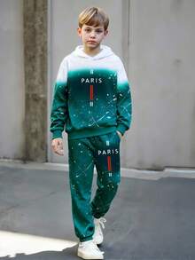 Vacaura 2pcs/Set Teenage Boys' Fashionable & Comfortable Commuter Hoodie With Letter Print & Letter Print Pants Set, Autumn/Winter - Green - View 2