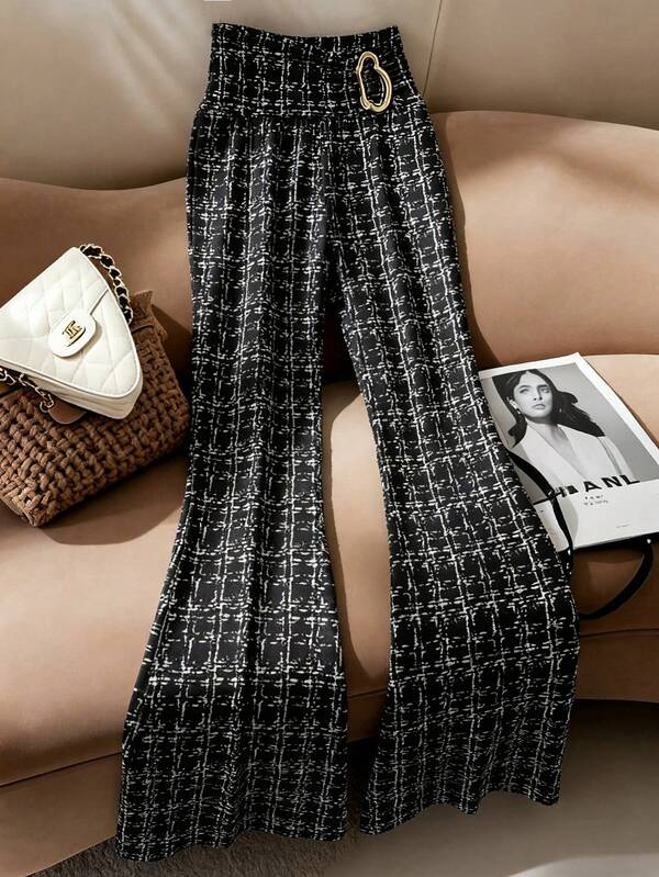 GlowEve Women's Plaid Casual Knitted Elastic Waist Metal Buckle Waist Decoration Pleats Tummy Slimming Slim Slightly Spicy Sexy Leggings Leggings Can Be Worn As Outer Flared Pants Women's Trousers, Daily, Fashion