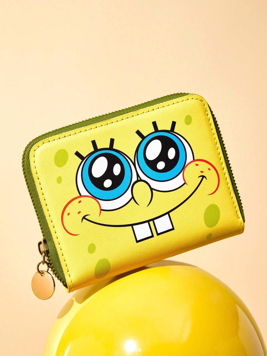 SpongeBob SquarePants | SHEIN 1 件装可爱卡通图案印花拉链 PU 皮革短钱包，风琴式隔层，卡位收纳，适合青少年和女士，笑容灿烂，送礼佳品 - 黃色 - 查看 1