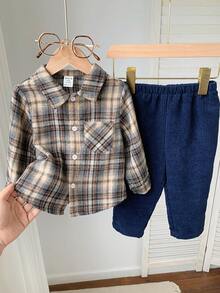 2pcs/Set Baby Boy Plaid Collar Casual Shirt & Elastic Waist Pants Set Baby Set Autumn Winter Season Baby Boys Outfit Baby Boy Plaid Outfit Baby Boy Fall Winter Babyboy Outifts - Multicolor - View 8