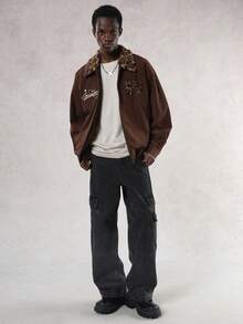 DAZY Men's Brown Patchwork Contrast Collar Letter Embroidery Jacket And Coat, Autumn - Rust Brown - View 1