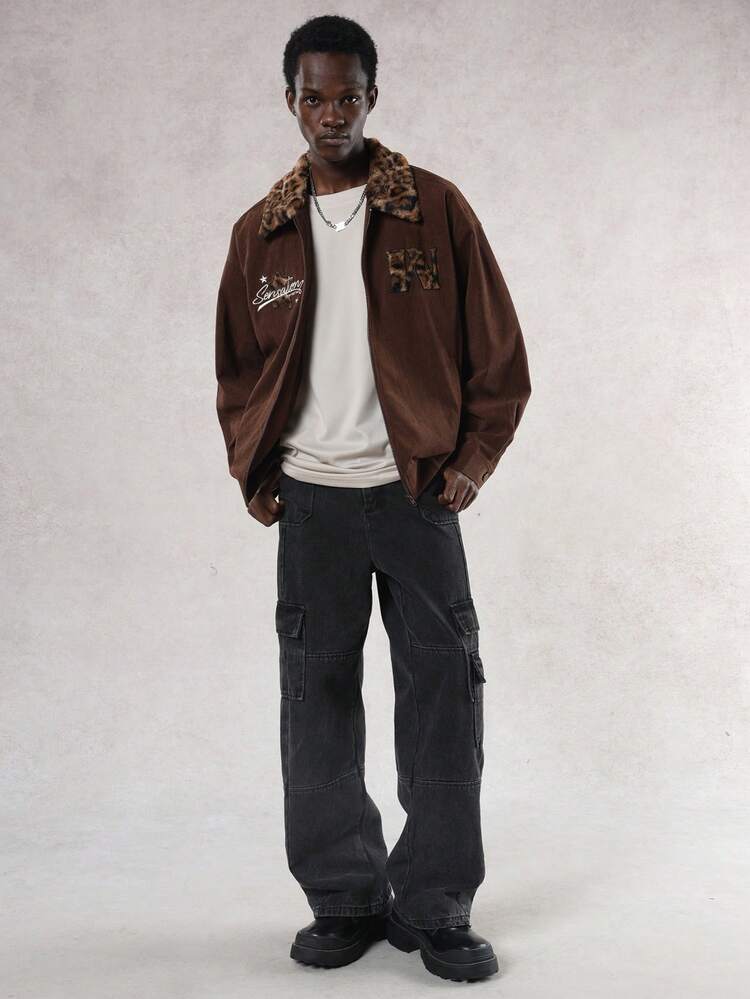 Men's Brown Patchwork Contrast Collar Letter Embroidery Jacket And Coat, Autumn
