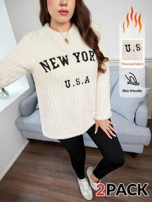 SHEIN LUNE Plus Size Women's Beige 2 Pieces Set Winter Casual School Independence Day Letter Embroidery Fleece Sweatshirt&Black Leggings New York Streetwear - Multicolor - View 12