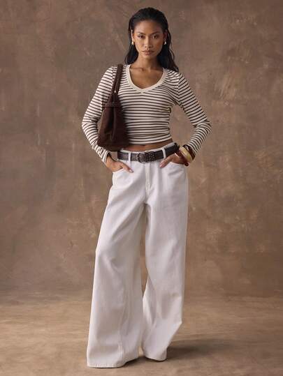 SHEIN BAE Women's Casual Striped Patchwork V-Neck Versatile Long-Sleeve Top Casual Long-Sleeve T-Shirt Striped Pants Casual Street Style Homewear & Leisure Comfortable Striped Top Brown Striped T-Shirt Top