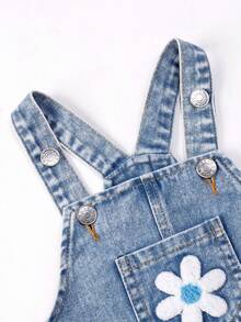 SHEIN Quần yếm denim giặt cho bé gái, bộ đồ liền thân rộng rãi in hoa - Màu xanh lam - Xem 6