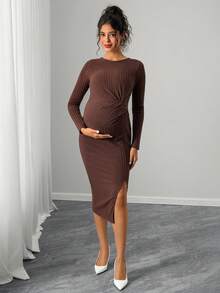 SHEIN Crew Neck Ruffle Trim Casual Long Sleeve Midi Dress, Ribbed Fabric, Autumn - Brown - View 7