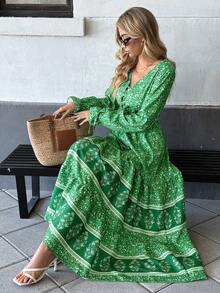 Breezaya Gaun Maxi Motif Bunga dengan Simpul di Depan, Lengan Bergelombang, dan Hem Berkerut untuk Pakaian Tahun Baru - Hijau - View 3