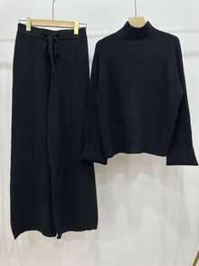 Chiquease 2 件杏色女式针织毛衣套装，罗纹奶油色套头衫和裤子休闲简约装 - 黑色 - 查看 3