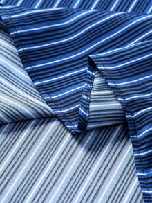 Manfinity Homme 条纹印花前开襟纽扣休闲百搭短袖衬衫 - 藏蓝色 - 查看 5