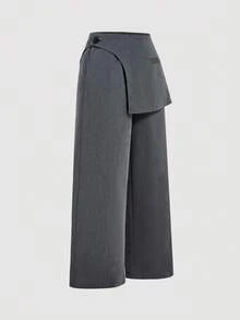 SHEIN MOD 大码女式深灰色翻边正装裤，适合返校季、秋冬季工作装，阔腿翻边中腰裤，两用裤，宽松舒适，商务休闲皆宜。 - 深灰色 - 查看 6