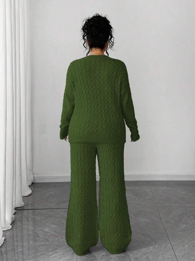 Elenzga 女式简约时尚长袖纽扣长裤毛衣套装，加大码外套，秋冬 - 軍綠色 - 查看 2