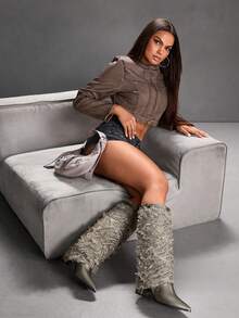 CUCCOO SZL Bottes hautes à bout pointu et talon épais pour femmes, automne/hiver - Gris pâle - Voir 3
