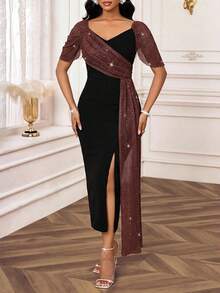 SHEIN Lady Đầm ôm thanh lịch cổ tim đính sequin màu tương phản dành cho nữ, thiết kế viền xẻ tà bên hông - Nhiều màu - Xem 3