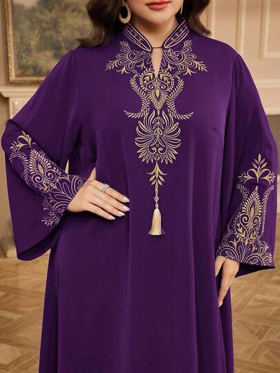 Al Najma Vestido elegante de estilo árabe con detalles bordados para mujer de talla grande, otoño