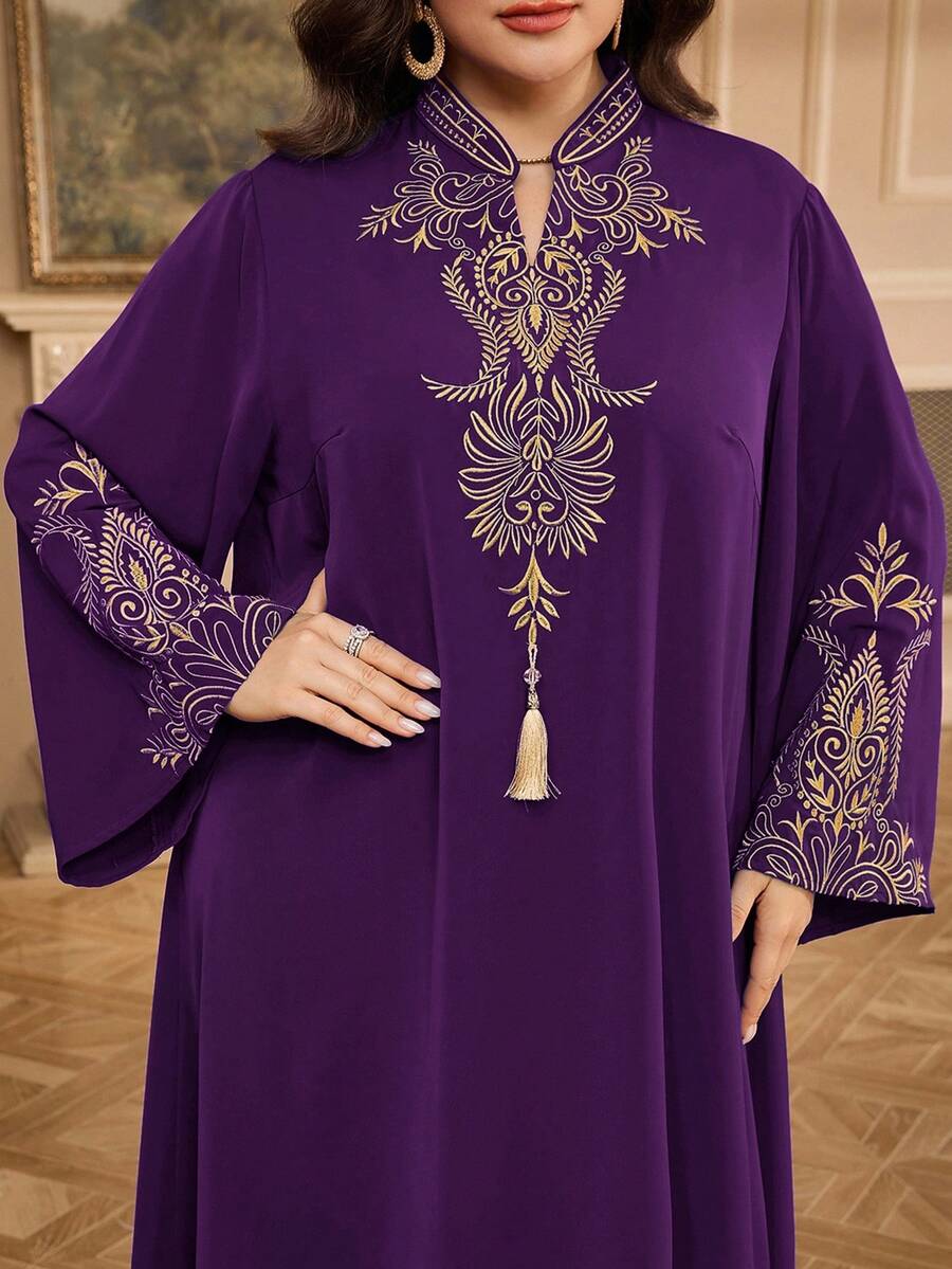 Al Najma Plus Size Women Elegant Embroidered Detail Arabic Style Dress, Autumn - Purple - View 1