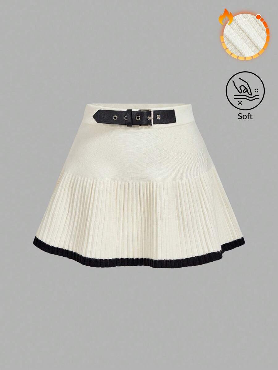 SHEIN MOD 女士时尚皮革扣撞色黑色和杏色迷你针织裙 - 彩色 - 查看 1