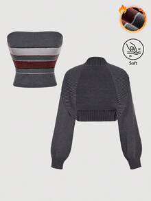 SHEIN MOD Set Atasan Tube Rajut Minimalis Bergaris Abu-abu Gelap dengan Warna Kontras dan Kardigan Pendek, Set Sweater Rajut Dua Potong Nyaman untuk Musim Gugur dan Sehari-hari - Grey - View 1