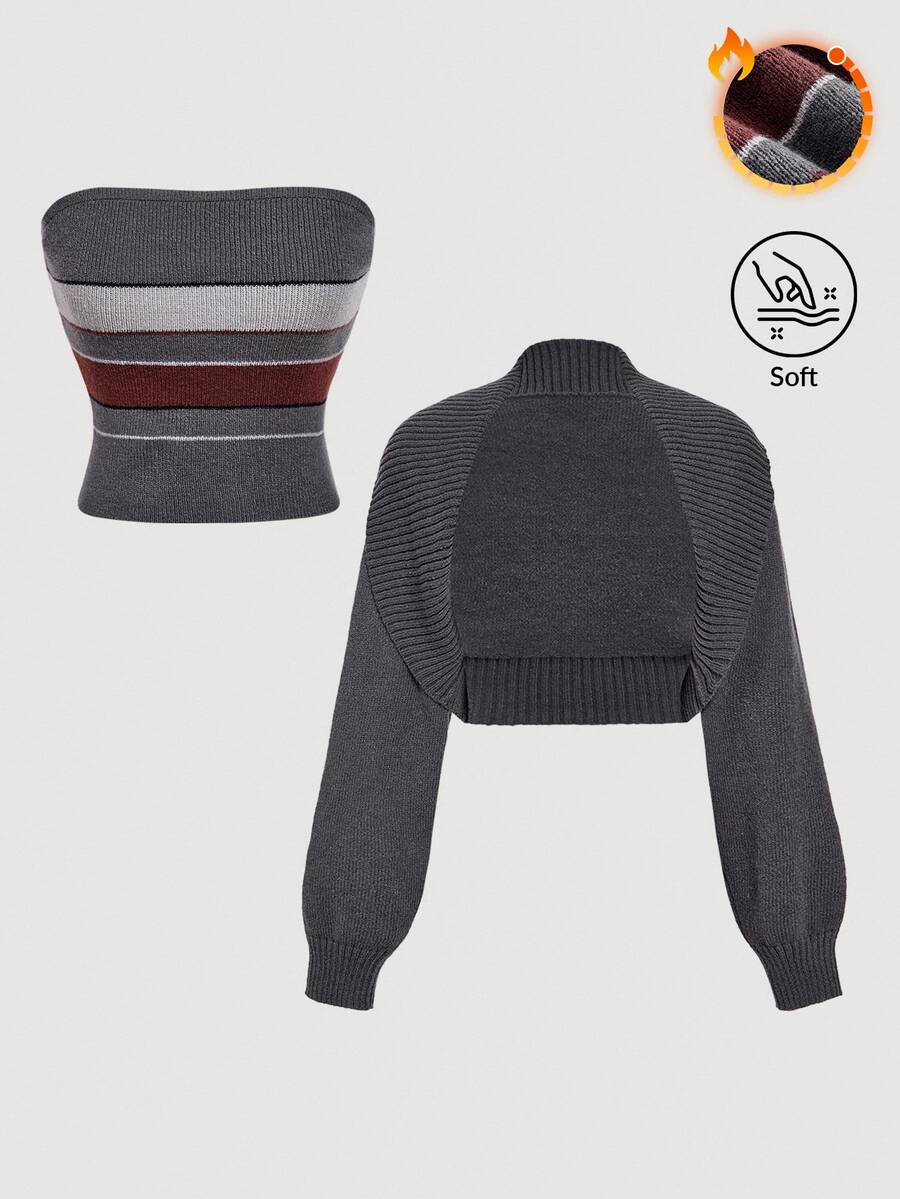 SHEIN MOD Set Atasan Tube Rajut Minimalis Bergaris Abu-abu Gelap dengan Warna Kontras dan Kardigan Pendek, Set Sweater Rajut Dua Potong Nyaman untuk Musim Gugur dan Sehari-hari - Grey - View 1