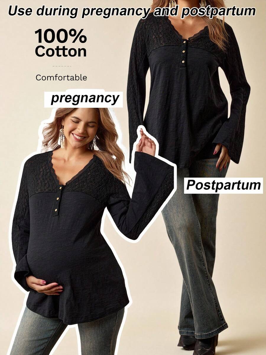 Boho Mama Black Maternity T-Shirt With Lace Trim And Flared Sleeves, Made Of Cotton-Feel Fabric, Bohemian Style, Long-Sleeved Maternity T-Shirt For Autumn And Winter. - Black - View 1