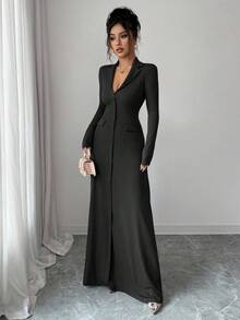 SHEIN Elenzya Gaun Rajut Elegan Bergaris Polos Ukuran Standar Wanita, Musim Gugur/Dingin - Hitam - View 4
