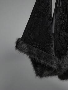 ROMWE Gothic Vintage Patchwork Faux Fur Collar Paisley Velvet Embossed Flare Sleeve Regular Jacket - Black - View 4