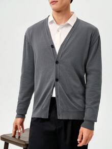 RONVEXI 男士纯色落肩长袖V领休闲针织开衫 - 深灰色 - 查看 6