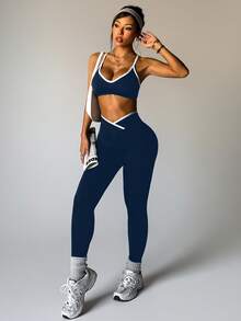 Velisys Bộ đồ tập yoga thể thao nữ với quần legging và áo hai dây co giãn viền tương phản tối giản - Nhiều màu - Xem 6