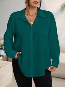 Vionelle 大码纯色前扣不对称下摆衬衫 - 橄欖綠 - 查看 1