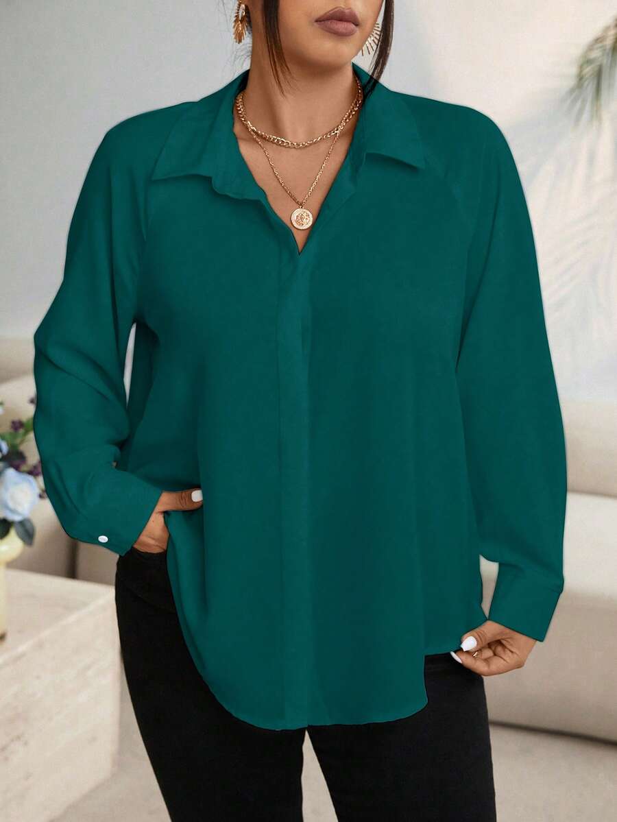 Vionelle 大码纯色前扣不对称下摆衬衫 - 橄欖綠 - 查看 1