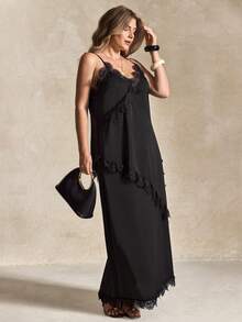 Elegantrix Women's Lace Asymmetric Elegant Slip Skirt Set, Suitable For Dates, Party Outfits, Elegant And Fashionable - Black - View 5