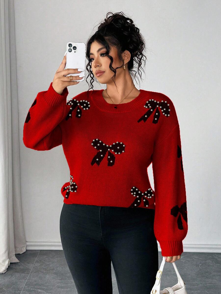 Elenzga Plus Size Women Elegant Long Sleeve Loose Beaded Bow Knit Sweater, Suitable For Outings, Vacations, And Clubs, Autumn/Winter - Red - View 1