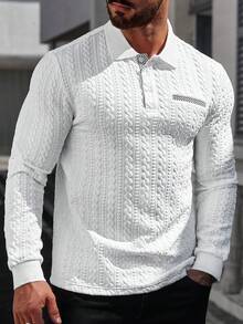 Manfinity Homme 男士格子印花麻花休闲长袖 Polo 衫 男士白色系带衬衫 男士白色长袖 Polo 衫 - 白色 - 查看 7