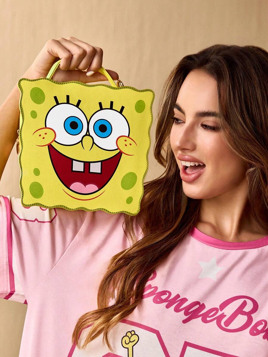 SpongeBob SquarePants | SHEIN 1个PU皮革可爱卡通人物印花手提包,配有可拆卸肩带,可手提或斜挎,可装钱包、纸巾、手机等,适合女性和学生,俏皮可爱,是送礼佳品,黄色 - 黃色 - 查看 1