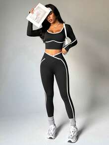 SHEIN Sports 无缝高弹瑜伽健身女式运动交叉腰带撞色套装 - 黑色 - 查看 6