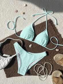 Swim Mod 2026 春夏女士细肩带露背特殊面料浅蓝色甜美度假侧高开叉比基尼两件套泳衣
