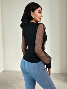 Chiquease Áo cánh tay bồng phối lưới sequin lấp lánh cổ chữ V thanh lịch dành cho nữ, tay bồng đính đá, xếp ly - màu đen - Xem 2