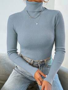 Aidyla 女士休闲日常通勤简约纯色高领修身套头毛衣，秋冬季 - Blue Power - 查看 4