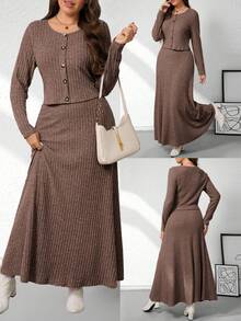 EMERY ROSE Women's Plus Size Ribbed Knit Open Front Round Neck Long Sleeve Cropped Top With Fitted A-Line Maxi Skirt 2 Pieces Set, Elegant Casual Outfit