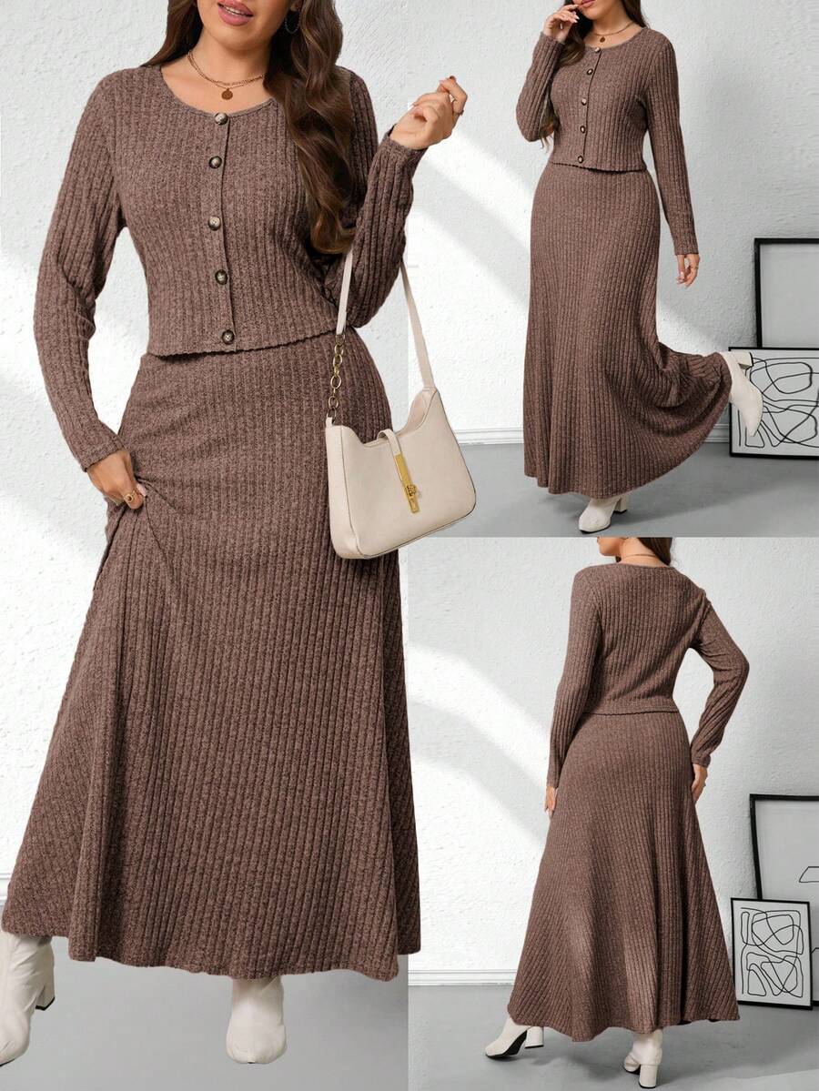 EMERY ROSE Women's Plus Size Ribbed Knit Open Front Round Neck Long Sleeve Cropped Top With Fitted A-Line Maxi Skirt 2 Pieces Set, Elegant Casual Outfit