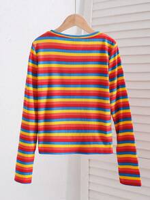 SHEIN Áo thun dài tay cổ tròn họa tiết sọc nhiều màu thêu nơ cho bé gái tuổi teen - Đỏ - Xem 3