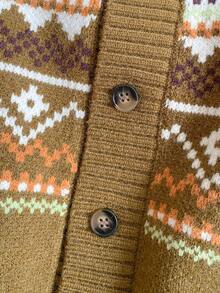 PrepCrw 1 件 Joliand 小男孩优雅都市休闲可爱费尔岛动物与几何图案橄榄绿色翻领开衫，适合休闲、通勤、派对、聚会、夏季和秋季 - 彩色 - 查看 6