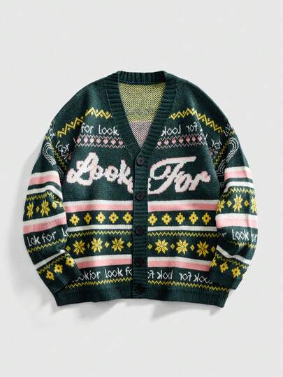 Men's Colorful Letter Jacquard Knit Cardigan